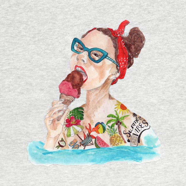 Summer vibes. Hand painted design in watercolor and color pencils by Ellunardegloria